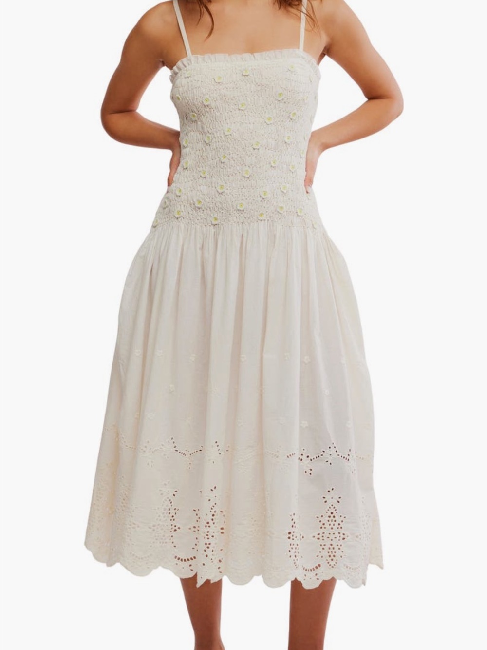Nwt Free People Daphne Floral Appliqué Daisy Eyelet Midi Dress Large